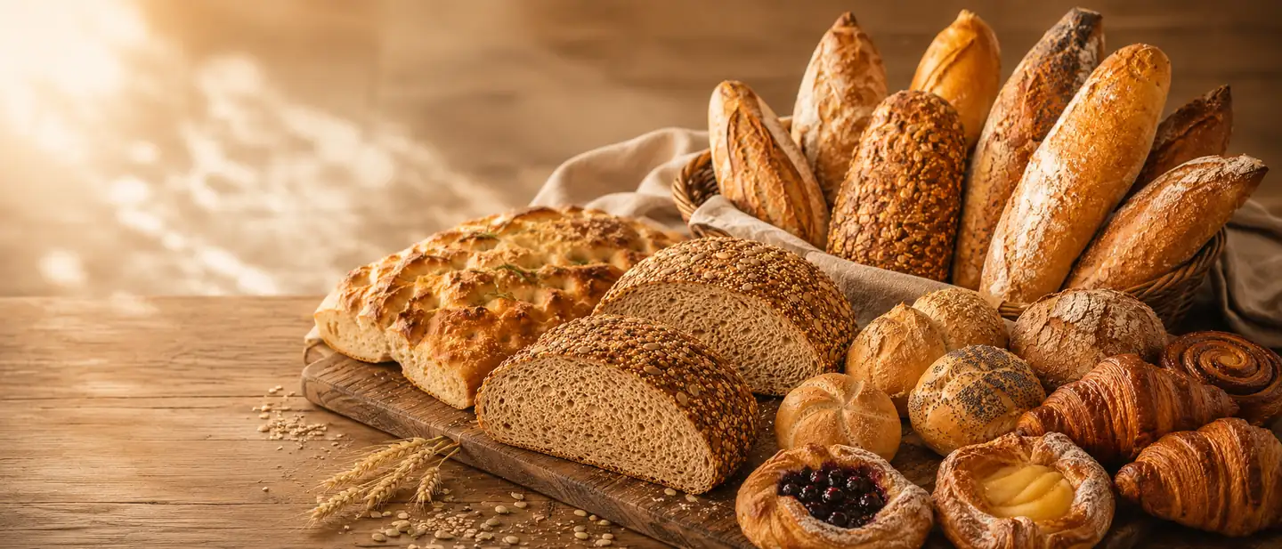 Frisch gebackene Brote, Baguettes, Brötchen und Plundergebäck auf einem Holzbrett