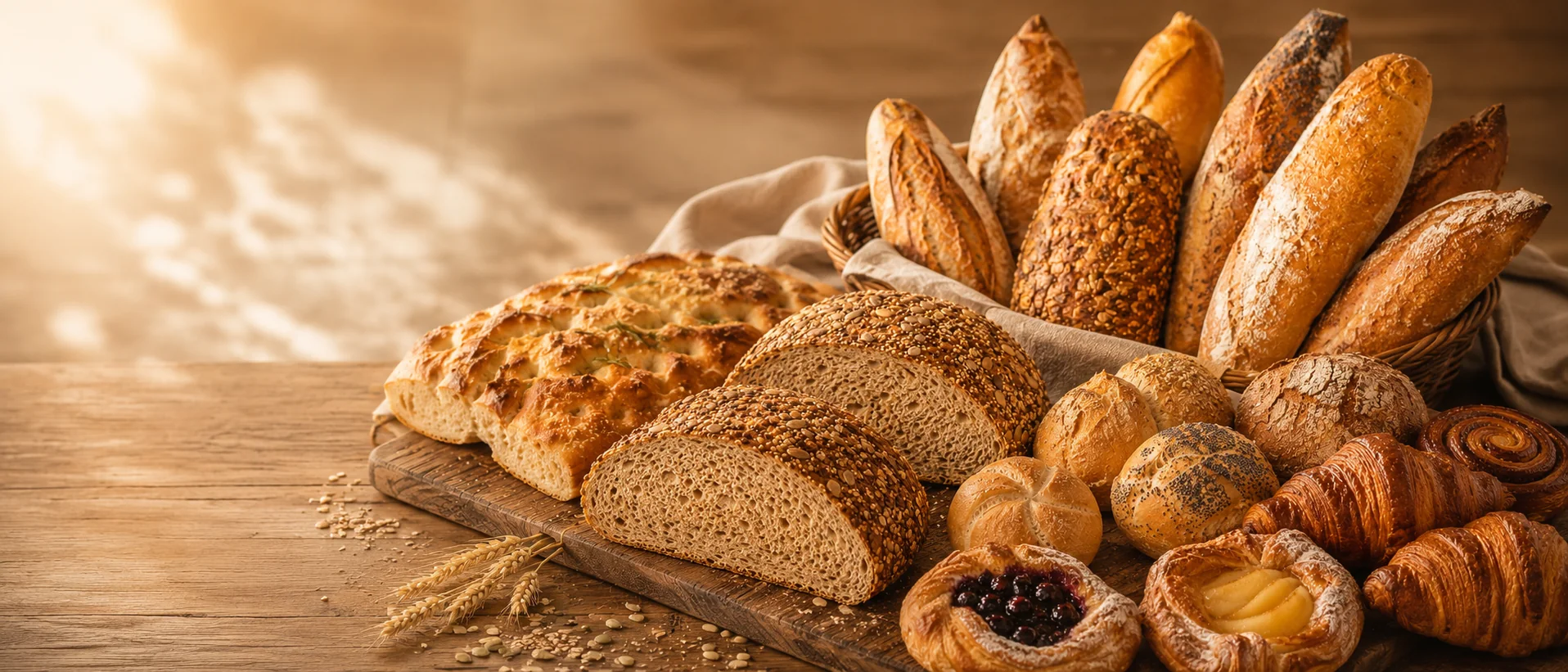 Frisch gebackene Brote, Baguettes, Brötchen und Plundergebäck auf einem Holzbrett